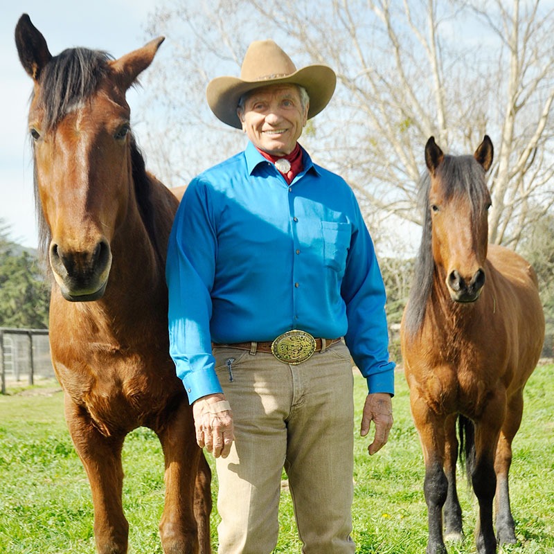 Monty Roberts at Flag Is Up Farms, Solvang, California, with Mustangs, Chief and Beauty