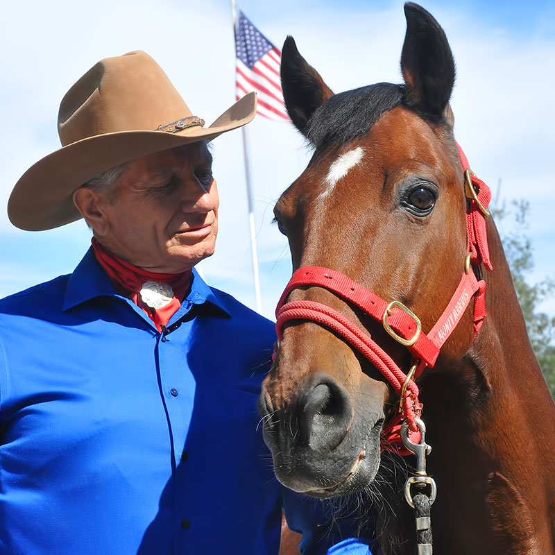 Monty Roberts with Shy Boy at Flag Is Up Farms